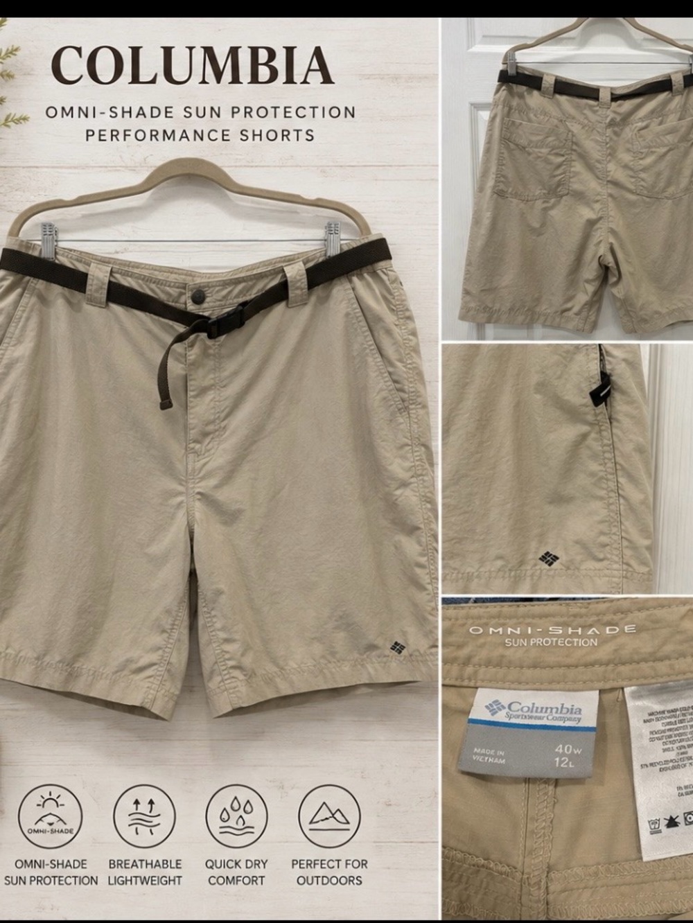 Columbia Men’s Omni-Shade Shorts in Light Khaki with Brown Belt Size 40